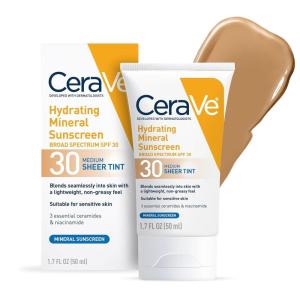 image:imageCeraVe Hydrating Mineral Sunscreen SPF 30 with Sheer Tint Tinted Mineral Sunscreen with Zinc Oxide amp Titanium Dioxide Blends Seamlessly For Healthy Glow Light 17 OzMedium