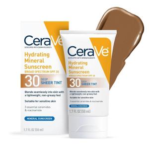 image:imageCeraVe Hydrating Mineral Sunscreen SPF 30 with Sheer Tint Tinted Mineral Sunscreen with Zinc Oxide amp Titanium Dioxide Blends Seamlessly For Healthy Glow Light 17 OzDeep
