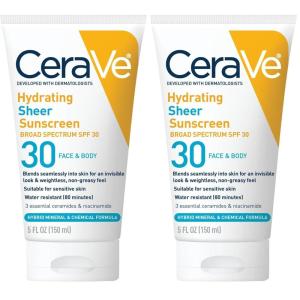 image:imageCeraVe Hydrating Sheer Sunscreen with SPF 30 for Face and Body Mineral amp Chemical Sunscreen for Men amp Women with Zinc Oxide Hyaluronic Acid and Ceramides ParabenFree  FragranceFree 5 Ounces5 Fl Oz Pack of 2