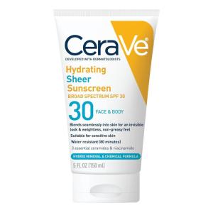 image:imageCeraVe Hydrating Sheer Sunscreen with SPF 30 for Face and Body Mineral amp Chemical Sunscreen for Men amp Women with Zinc Oxide Hyaluronic Acid and Ceramides ParabenFree  FragranceFree 5 Ounces5 Fl Oz Pack of 1